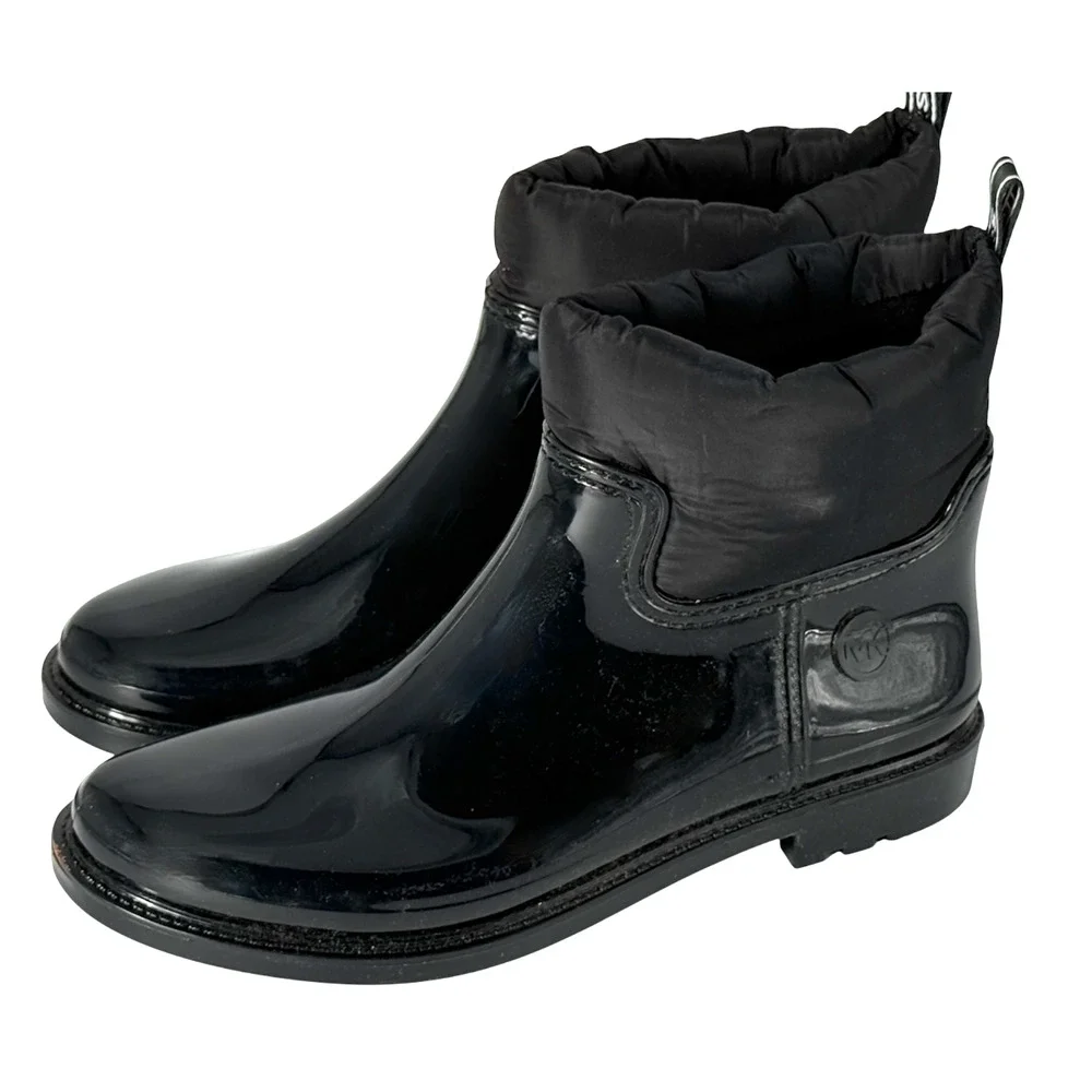 NEW MICHAEL KORS BLACK BLAKELY LOGO TAPE PVC NYLON RAIN ANKLE BOOTIE BOOTS SZ 10